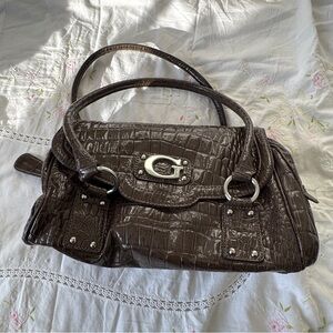 Metallic Brown Crocodile-Embossed Guess Handbag